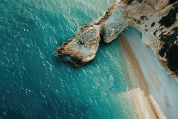 Aerial view of a beautiful coastal landscape with turquoise water, sandy beach, and rocky cliffs under a bright blue sky.