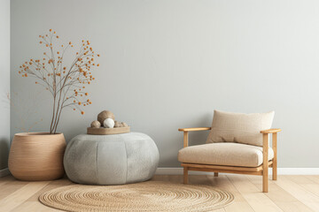 Living room interiors composition with minimal arrangements and ample copyspace. Home interior design composition in warm color.