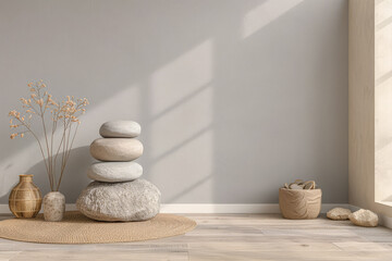 Living room interiors composition with minimal arrangements and ample copyspace. Home interior design composition in warm color.