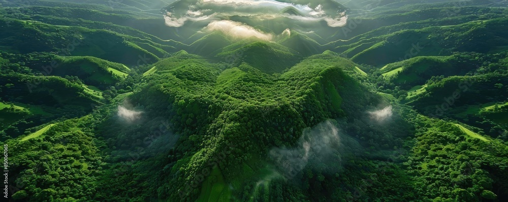 Poster aerial view of lush green mountains with mist and clouds creating a mystical and serene landscape.