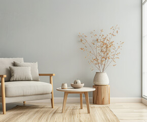 Living room interiors composition with minimal arrangements and ample copyspace. Home interior design composition in warm color.