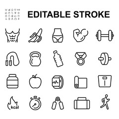 Collection of gym and fitness related icons. Contains icons such as six pack abs, healthy food and many more.