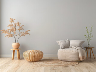 Living room interiors composition with minimal arrangements and ample copyspace. Home interior design composition in warm color.