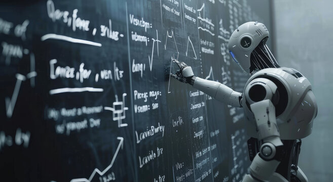an AI robot teacher writing equations on a blackboard, teaching math to students in the classroom