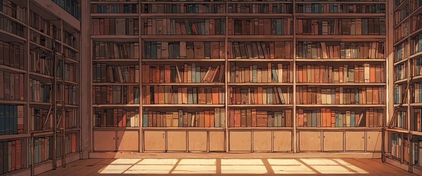Bookshelves in the library with old books turned off the lamp, Anime background, Illustration.