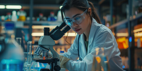 Female Scientist Working with Microscope in Laboratory"
"Focused Researcher Using Microscope in Science Lab