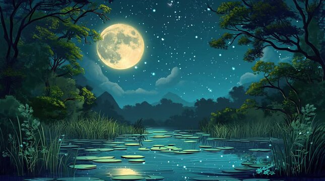 Tranquil lake in a forest illuminated by the full moon on a serene night.
 Seamless looping 4k time-lapse virtual video animation background. Generated AI