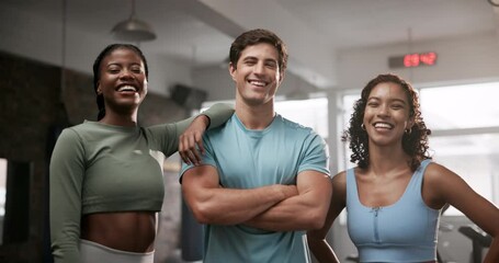 Gym, face and friends with confidence for fitness, exercise and teamwork with support for workout. Happy people, man and women for collaboration in training center for wellness, health and bonding
