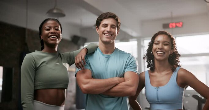 Gym, face and friends with confidence for fitness, exercise and teamwork with support for workout. Happy people, man and women for collaboration in training center for wellness, health and bonding
