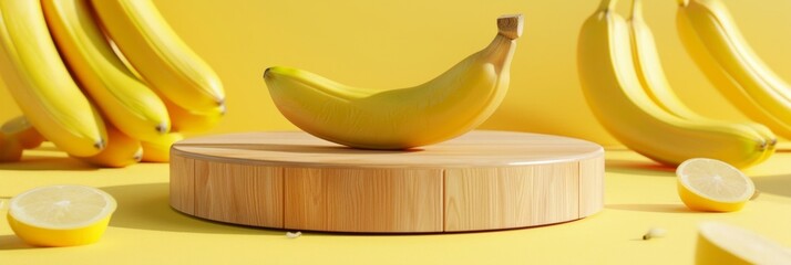Minimal wooden pedestal for product presentation in yellow background, fruit banana around