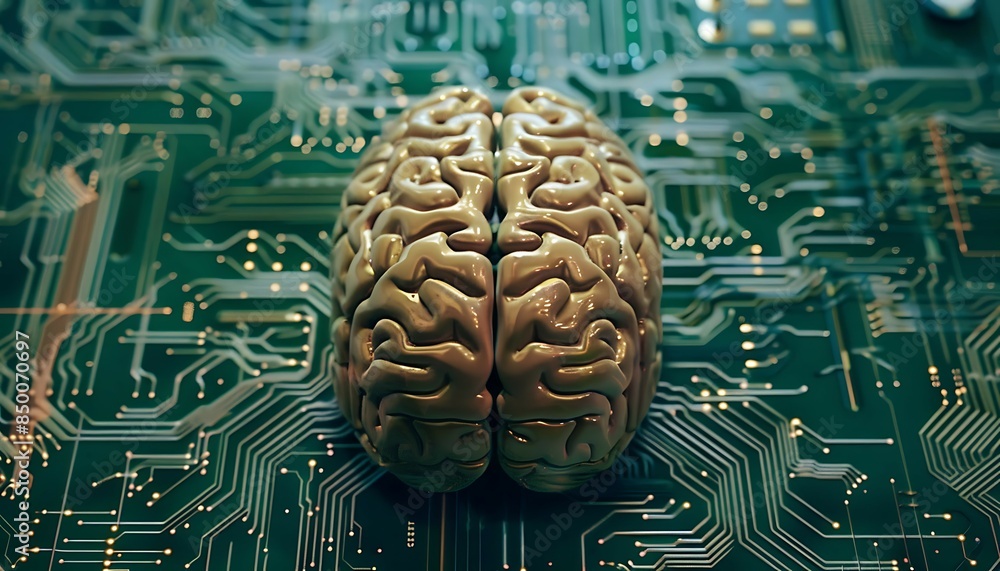 Poster brain with circuit board texture. digital concept