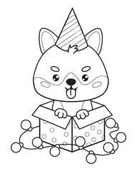 Outline dog Shiba Inu with in birthday cap in gift box with festive garland. Cute holiday cartoon kawaii character pet. Line drawing, coloring book. Vector illustration. Kids collection