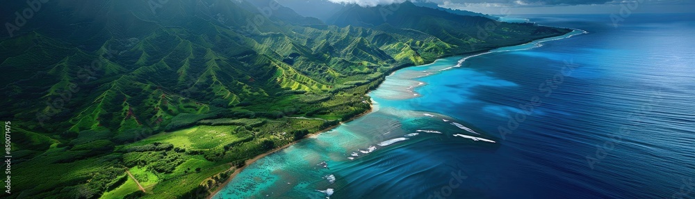 Wall mural breathtaking aerial view of a serene coastline with turquoise waters and lush green mountains under  - Wall murals