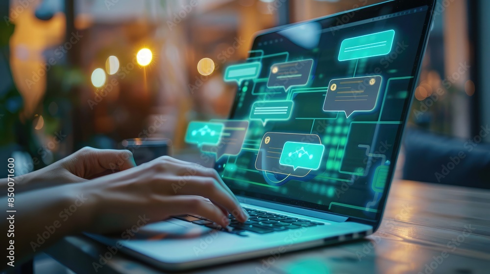 Poster close-up of a laptop screen showing a chatbot interface powered by artificial intelligence, with a u