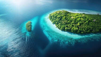 Aerial view of a tropical island with lush greenery surrounded by clear turquoise waters, showcasing natural beauty and serene seascape.