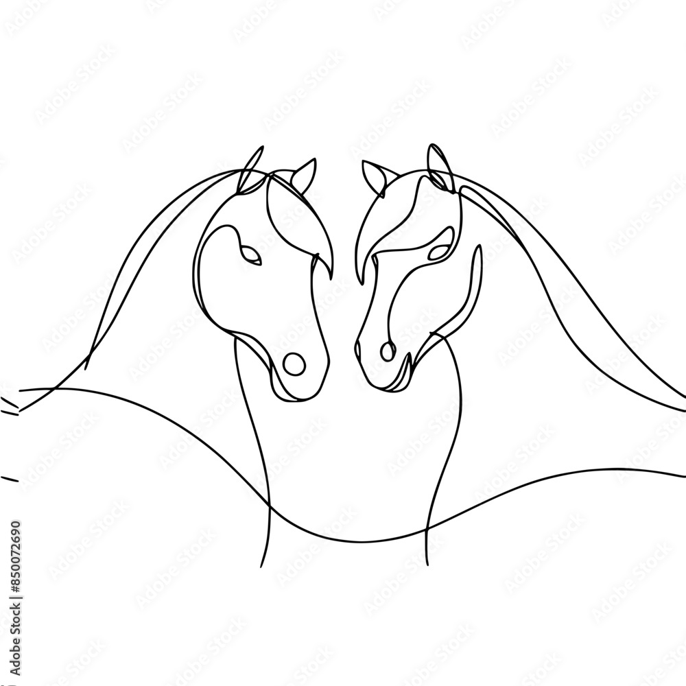 Poster simple outline vector single line drawing of a portrait of two horses facing each other, black lines
