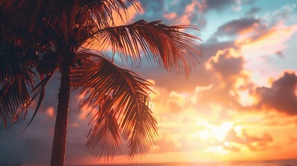 Close-up of a palm tree against a dramatic sky during a sunset