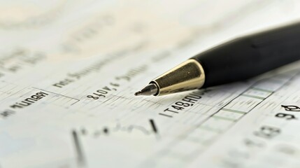 Close-up of a pen pointing at a stock market report printed on paper