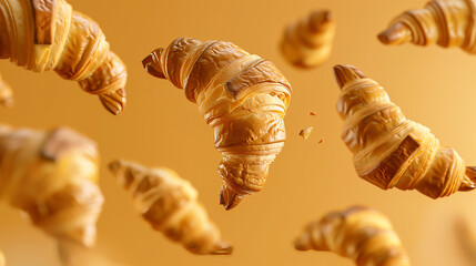 Golden croissants with flaky crust floating mid-air against a yellow background, capturing their light and crispy texture.
