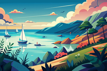  A calm and peaceful seascape on a summer day, with sailboats vector illustration 