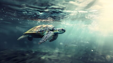 Fototapeta premium Sea Turtle Swimming In The Ocean Close Up Photography