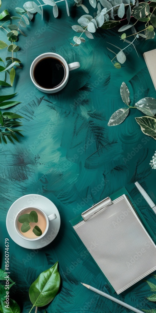 Aufkleber a green table with two white cups and a notepad. the cups are filled with coffee and the notepad has