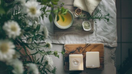 Overhead snapshot of natural self-care routine