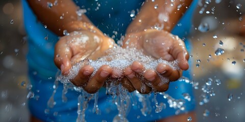 A child washes hands with soap to prevent the spread of germs. Concept hygiene, hand washing, children, soap, germ prevention