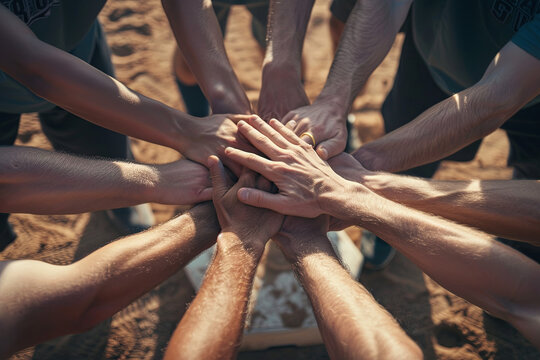 Baseball teammates gathering their hands together on the base before a game, a ritual of unity and shared determination to win