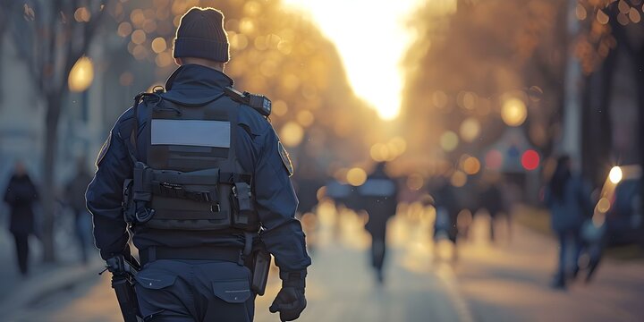 Police officer ensuring public safety and preventing harm while on duty. Concept Law Enforcement, Public Safety, Crime Prevention, Police Work, Community Protection