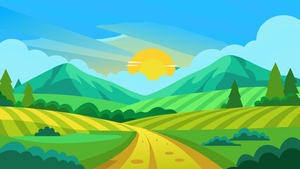 Obraz premium vector illustration of a beautiful summer fields landscape with a dawn, green hills, bright color blue sky