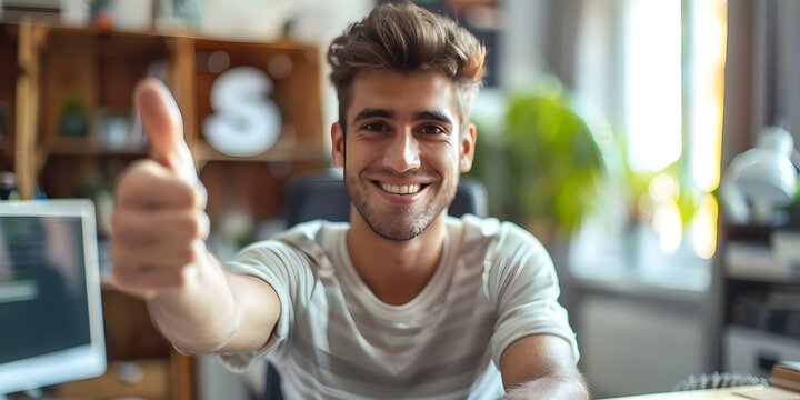 A young man shows approval at his office desk. Concept Professional Attitude, Office Environment, Positive Emotions