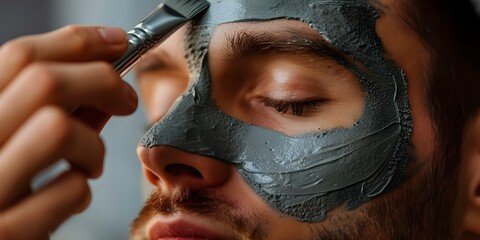 Man using clay mask and cosmetic cream for grooming and beauty purposes. Concept Skin Care Routine, Grooming Tips, Beauty Regimen, Skincare Products, Wellness Practices
