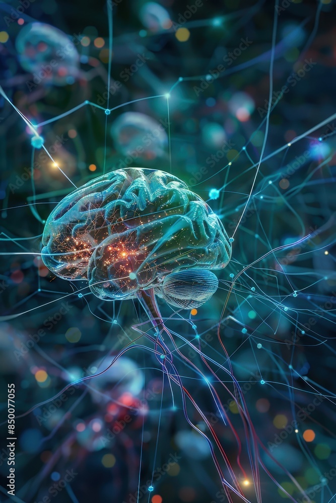 Poster a brain with red and blue colors. the brain is surrounded by a lot of wires and it looks like it is 