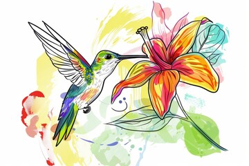 Fototapeta premium Cartoon cute doodles of a tiny hummingbird sipping nectar from a colorful flower, Generative AI