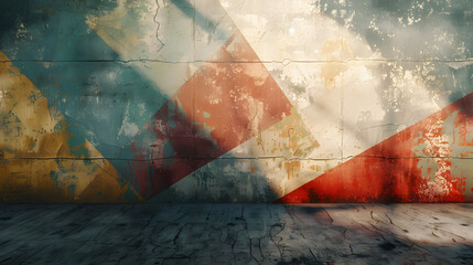 Grunge wall background with geometric shapes in colors and soft light