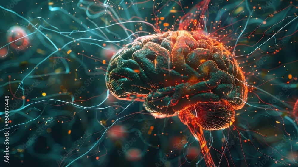 Poster a brain with red and blue colors. the brain is surrounded by a lot of wires and it looks like it is 