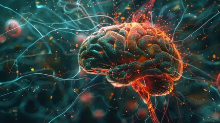 A brain with red and blue colors. The brain is surrounded by a lot of wires and it looks like it is on fire