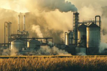 Industrial plant emitting smoke against a golden sunset, highlighting the impact of industry on the environment and the beauty of contrasting elements