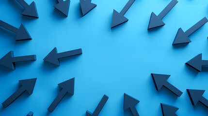 Many arrows pointing in different directions with one arrow showing main direction over blue background, solution, strategy, plan or success concept