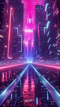 Pushing towards a futuristic city with neon violet/teal lights at a music festival. 4k video in smart phone 9:16 aspect ratio for EDM meme.