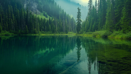 Obraz premium Pristine mountain lake with emerald waters and lush green surroundings, creating a serene and picturesque natural escape