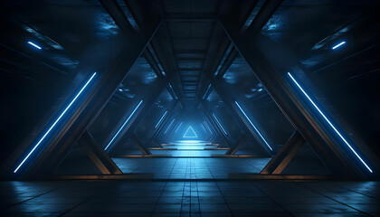 Neon Blue Dark Metal Schematic Textured Alien Spaceship Warehouse Tunnel Corridor Hallway Triangle Shaped Empty Rough Cement Concrete Asphalt Background 3D Rendering