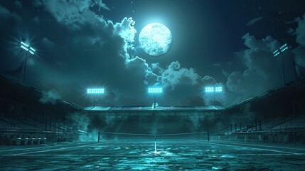 Calm before the storm: tennis stadium under the night sky, quiet and prepped for the next day’s competition.