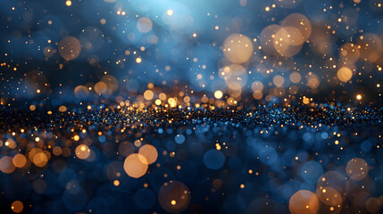 Navy Blue Gold Festive Particle Background with Golden Light Shine Bokeh and Luxurious Foil Texture