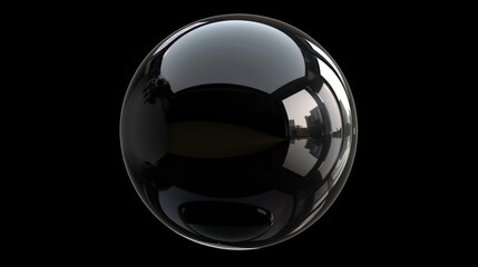 A glossy black sphere with a reflective surface, isolated against a black background, showcasing simplicity and elegance in design.