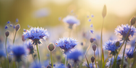 Naklejka premium Blue Сornflower Flowers in Summer Meadow in sunny day. Beautiful Floral Background for Greeting Card for Birthday, Mother's day, Women's day, Wedding, Holiday