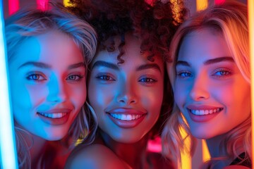 Obraz premium A line of smiling Black women with long hair stands in front of a blue background, enhanced by vibrant spectrum colors and cinematic lighting, with reflections and mirroring effects.