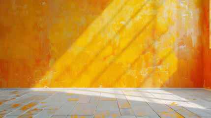 Painting of a yellow and orange wall with a white floor