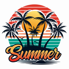 Vintage retro style happy summer t-shirt design with palm tree, sea beach and sunset